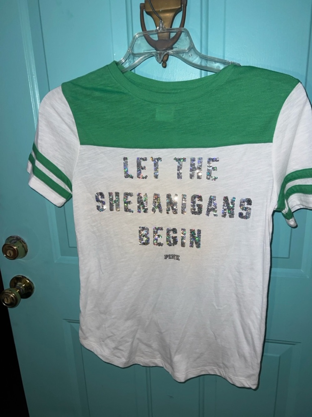 PINK Victoria's Secret White & Green Short Sleeve Sequin Slogan Tee